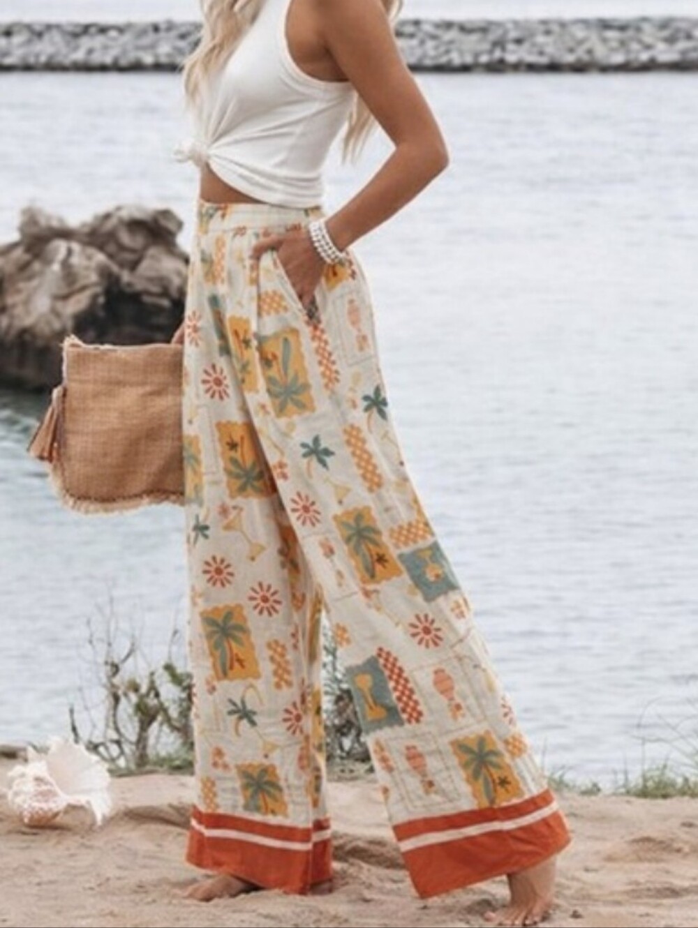 Sienna Sky Boho Tropical Print Linen Blend Pants.